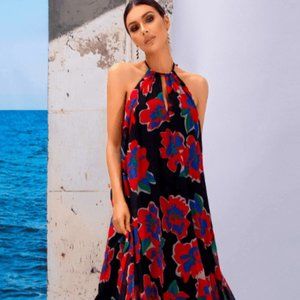 Floral Halter Neck Ruffle Hem Dress
